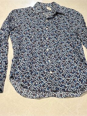 Culturata Slim Fit 100% Linen Shirt Made In Italy 15.75 M Blue Geometric